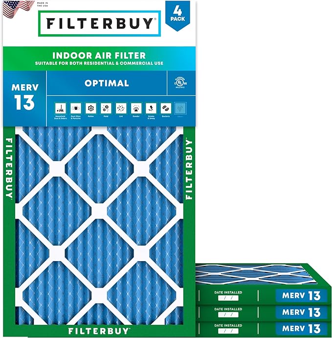 14x36x1 Air Filter MERV 13 Optimal Smoke & Allergy Defense (4-Pack), Electrostatic Pleated HVAC AC Furnace