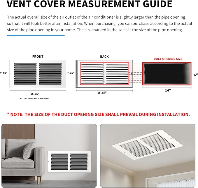 14x6 Vent Cover(Duct Opening Size),Air Return Vent Cover,Flat Vent Cover,Rejillas De Aire Acondicionado para Casa, Return Air