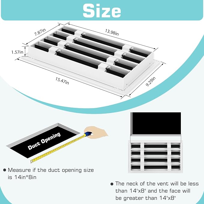 14x8 Modern AC Vent Cover, Decorative White Air Vent (Duct Opening Cutout), All Aluminium Standard Linear Slot Diffuser, Low