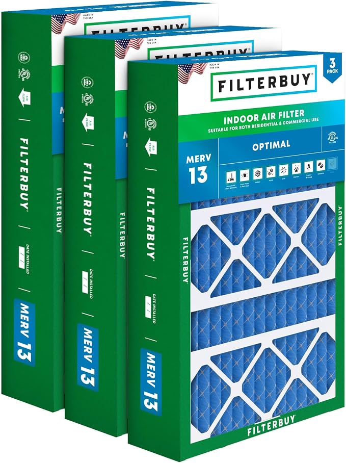 15.75x27.63x3.50 Air Filter MERV 13 Optimal Smoke & Allergy Defense (3-Pack), Pleated HVAC AC Furnace Filters for