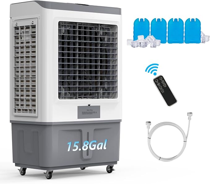 15.8Gal Portable Swamp Cooler, 2900CFM Evaporative Air Cooler with Continuous Fill, Auto Oscillating, Remote, 3 Speeds, 12H