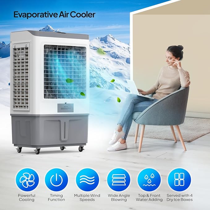 15.8Gal Portable Swamp Cooler, 2900CFM Evaporative Air Cooler with Continuous Fill, Auto Oscillating, Remote, 3 Speeds, 12H