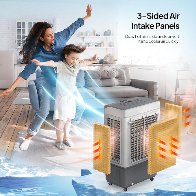 15.8Gal Portable Swamp Cooler, 2900CFM Evaporative Air Cooler with Continuous Fill, Auto Oscillating, Remote, 3 Speeds, 12H