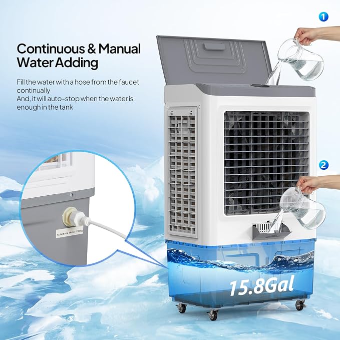 15.8Gal Portable Swamp Cooler, 2900CFM Evaporative Air Cooler with Continuous Fill, Auto Oscillating, Remote, 3 Speeds, 12H