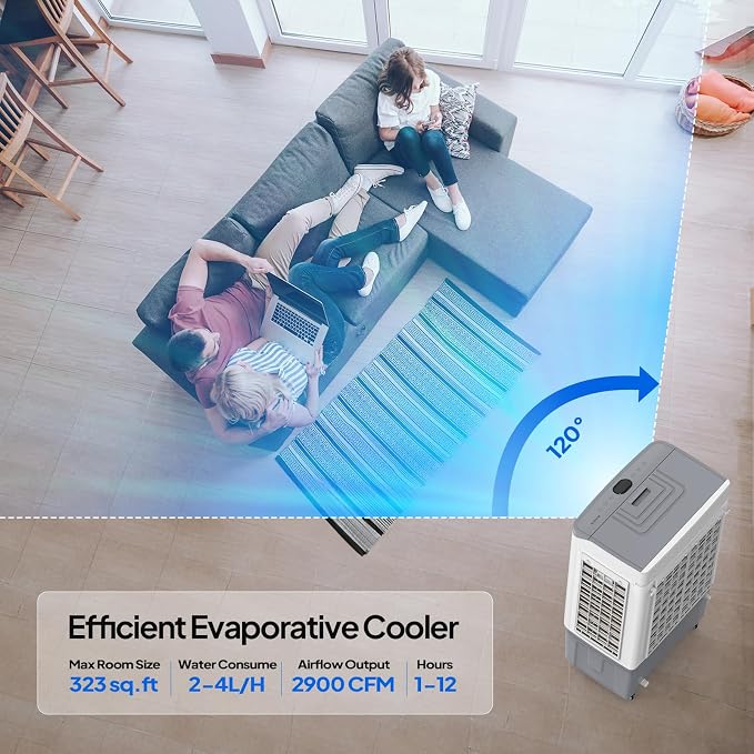 15.8Gal Portable Swamp Cooler, 2900CFM Evaporative Air Cooler with Continuous Fill, Auto Oscillating, Remote, 3 Speeds, 12H