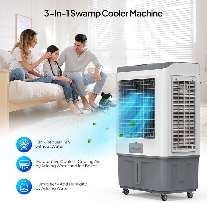 15.8Gal Portable Swamp Cooler, 2900CFM Evaporative Air Cooler with Continuous Fill, Auto Oscillating, Remote, 3 Speeds, 12H