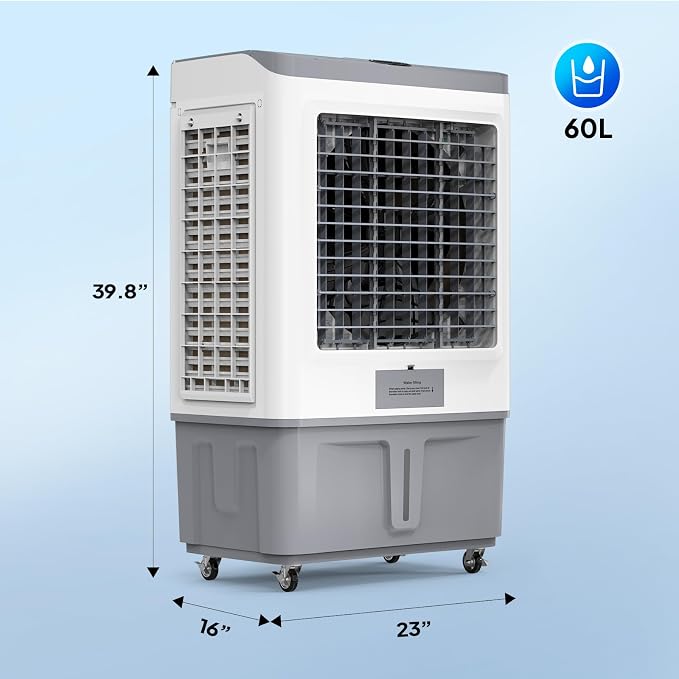 15.8Gal Portable Swamp Cooler, 2900CFM Evaporative Air Cooler with Continuous Fill, Auto Oscillating, Remote, 3 Speeds, 12H