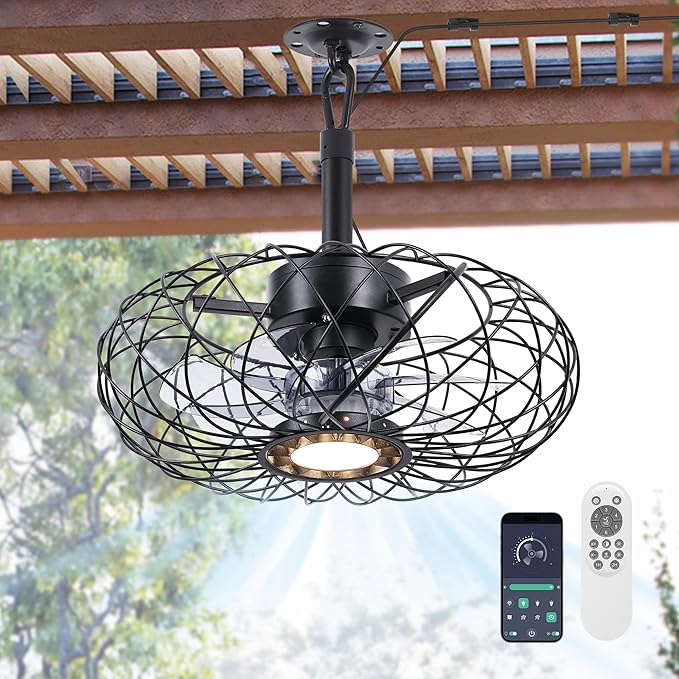 15" Gazebo Ceiling Fans with Lights and Remote Control, Waterproof Enclosed Caged Ceiling Fan with 3 Color LED Light