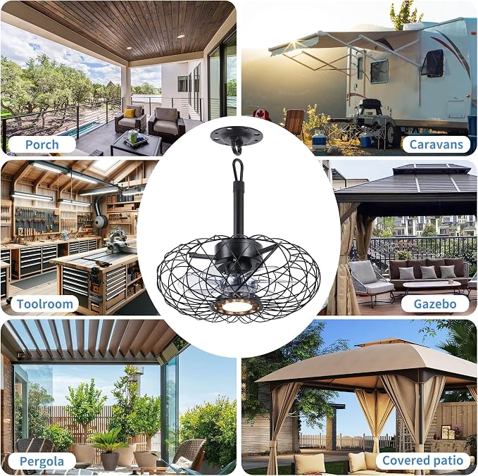 15" Gazebo Ceiling Fans with Lights and Remote Control, Waterproof Enclosed Caged Ceiling Fan with 3 Color LED Light