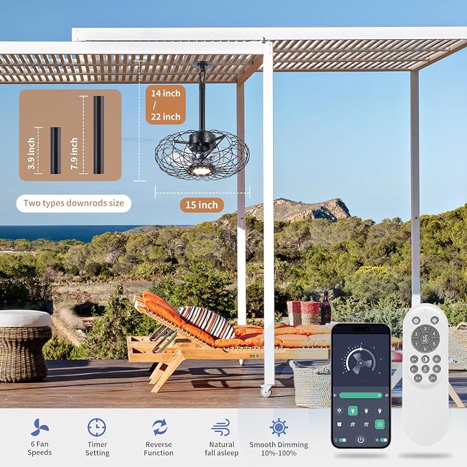 15" Gazebo Ceiling Fans with Lights and Remote Control, Waterproof Enclosed Caged Ceiling Fan with 3 Color LED Light