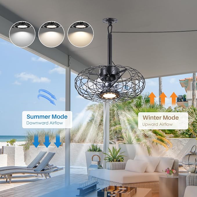 15" Gazebo Ceiling Fans with Lights and Remote Control, Waterproof Enclosed Caged Ceiling Fan with 3 Color LED Light