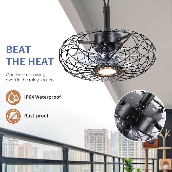 15" Gazebo Ceiling Fans with Lights and Remote Control, Waterproof Enclosed Caged Ceiling Fan with 3 Color LED Light
