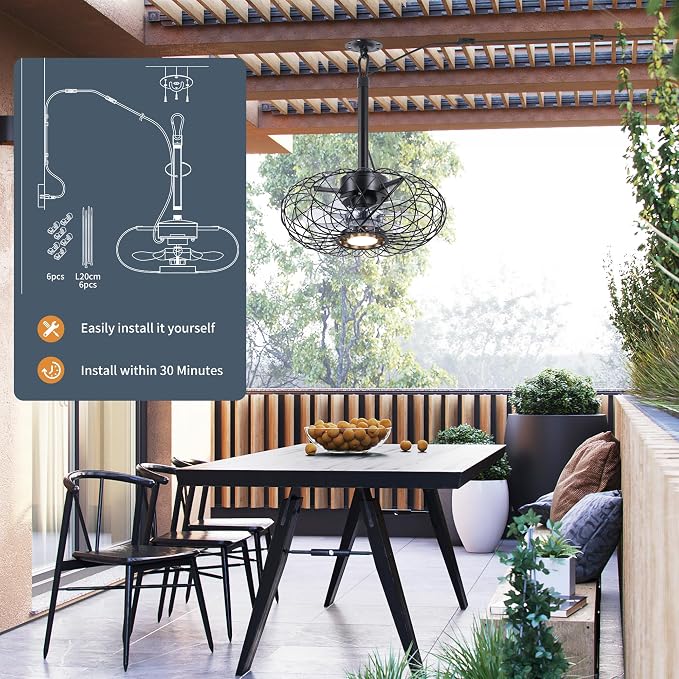 15" Gazebo Ceiling Fans with Lights and Remote Control, Waterproof Enclosed Caged Ceiling Fan with 3 Color LED Light