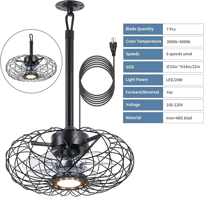 15" Gazebo Ceiling Fans with Lights and Remote Control, Waterproof Enclosed Caged Ceiling Fan with 3 Color LED Light