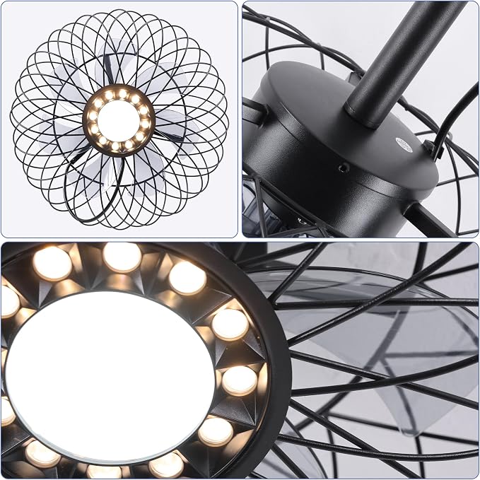 15" Gazebo Ceiling Fans with Lights and Remote Control, Waterproof Enclosed Caged Ceiling Fan with 3 Color LED Light