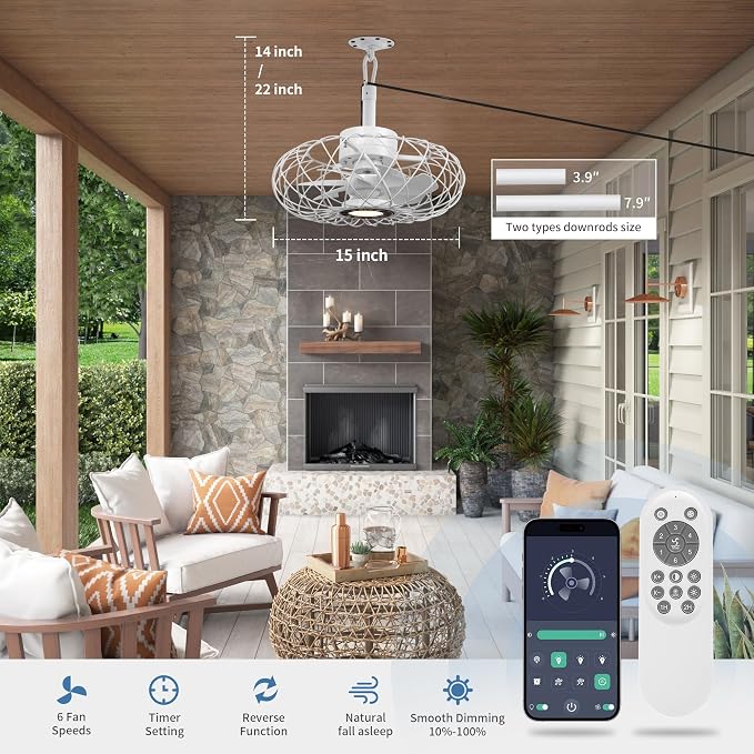 15" Gazebo Ceiling Fans with Lights and Remote Control, Waterproof Enclosed Caged Ceiling Fan with 3 Color LED, alternate