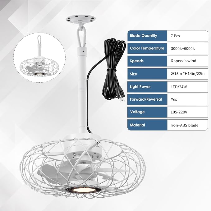 15" Gazebo Ceiling Fans with Lights and Remote Control, Waterproof Enclosed Caged Ceiling Fan with 3 Color LED, alternate