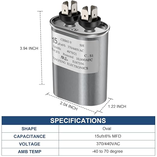 15 MFD uF 370/440 VAC CBB65B Dual Run Round Capacitor, UL Certification Motor Run Capacitor for Condenser Straight Cool or