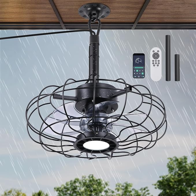 15" Outdoor Ceiling Fans with Lights and Remote,Black Waterproof Gazebo Fan, Plug in Ceiling Fan with 3 Color LED Light