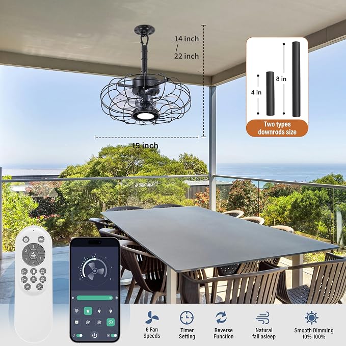 15" Outdoor Ceiling Fans with Lights and Remote,Black Waterproof Gazebo Fan, Plug in Ceiling Fan with 3 Color LED Light