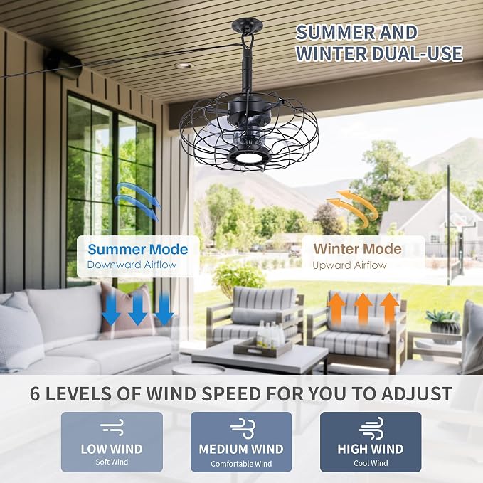 15" Outdoor Ceiling Fans with Lights and Remote,Black Waterproof Gazebo Fan, Plug in Ceiling Fan with 3 Color LED Light