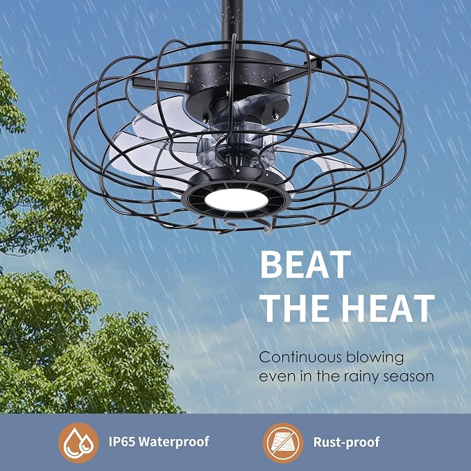 15" Outdoor Ceiling Fans with Lights and Remote,Black Waterproof Gazebo Fan, Plug in Ceiling Fan with 3 Color LED Light