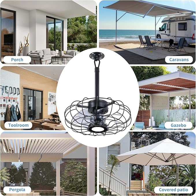 15" Outdoor Ceiling Fans with Lights and Remote,Black Waterproof Gazebo Fan, Plug in Ceiling Fan with 3 Color LED Light