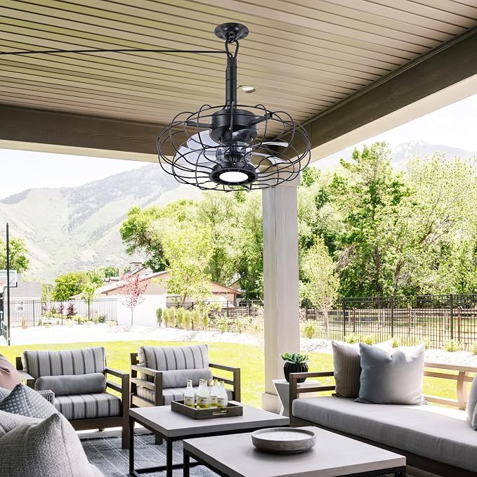 15" Outdoor Ceiling Fans with Lights and Remote,Black Waterproof Gazebo Fan, Plug in Ceiling Fan with 3 Color LED Light