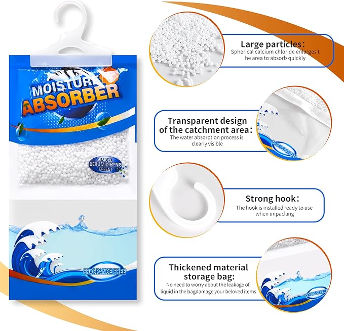 15 Pack Moisture Absorber Hanging Bags, Fragrance Free Humidity Packs, Hanging Closet Dehumidifier Bags, Moisture Absorber
