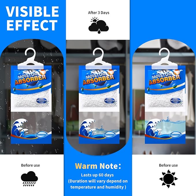 15 Pack Moisture Absorber Hanging Bags, Fragrance Free Humidity Packs, Hanging Closet Dehumidifier Bags, Moisture Absorber