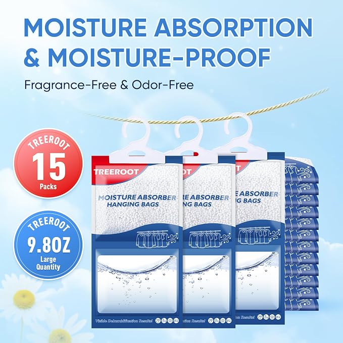 15 Pack Moisture Absorbers for Closet, 9.8OZ Hanging Closet Dehumidifier Bags, Hanging Humidity Absorber in Wardrobes