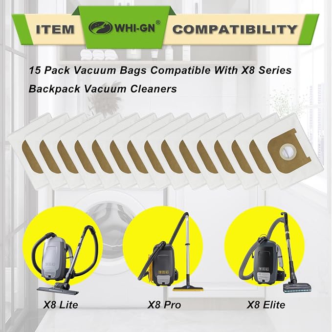 15 Pack Replacement Vacuum Bags for X8 series Backpack Vacuum Cleaners, HEPA Material, alternate product view 2