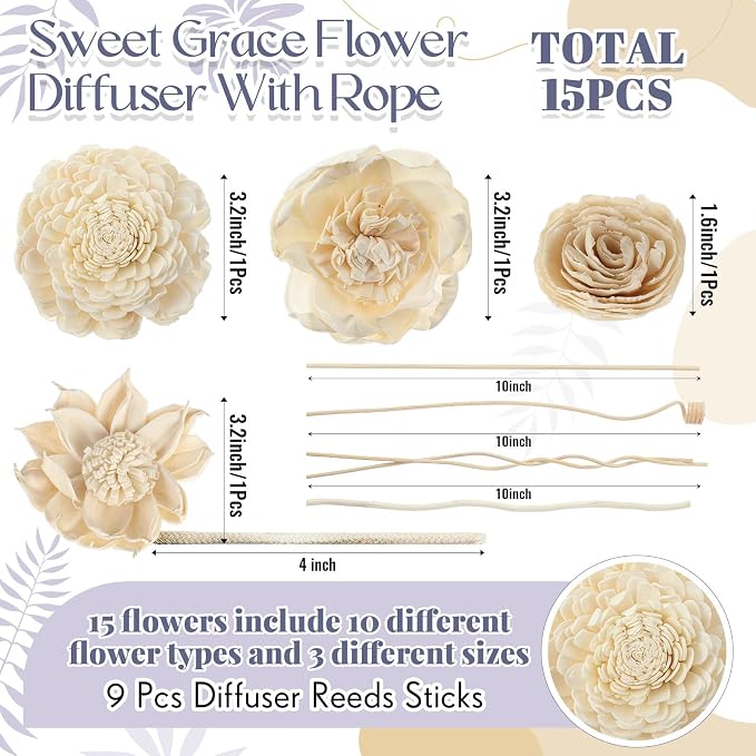 15 Pcs Diffuser Mixed Sola Flowers Natural Material Aromatherapy Reed Wood Flowers Decorative Aromatherapy Flower Placement
