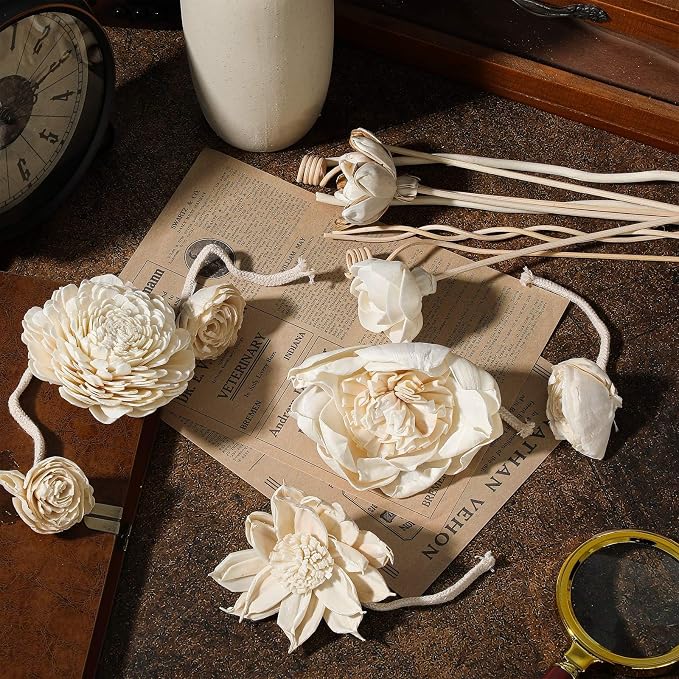 15 Pcs Diffuser Mixed Sola Flowers Natural Material Aromatherapy Reed Wood Flowers Decorative Aromatherapy Flower Placement