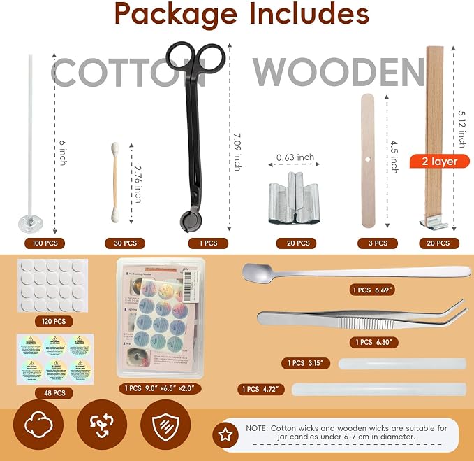 150 Pcs Candle Wick Set with Storage Box, Double-Layered Rosewood Wicks, Cotton Wicks, Trimmer, Tweezers & More, for DIY