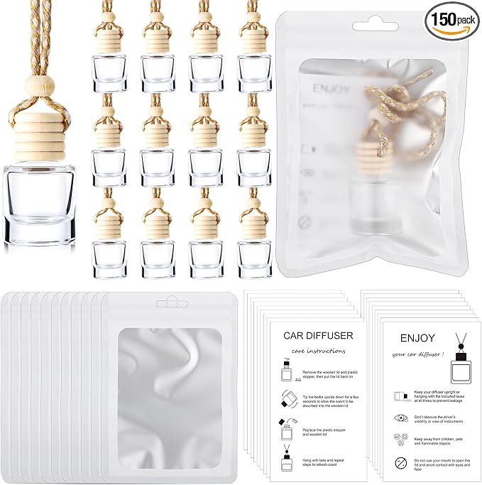 150 Sets Hanging Car Air Freshener Diffuser Bottles with Instruction Card and 4 x 6'' Resealable Holographic Bag for Empty