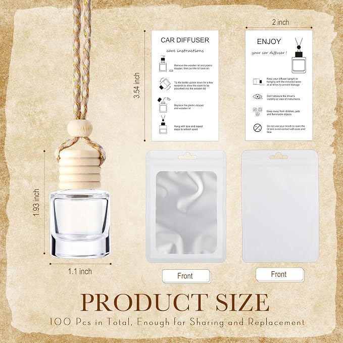 150 Sets Hanging Car Air Freshener Diffuser Bottles with Instruction Card and 4 x 6'' Resealable Holographic Bag for Empty