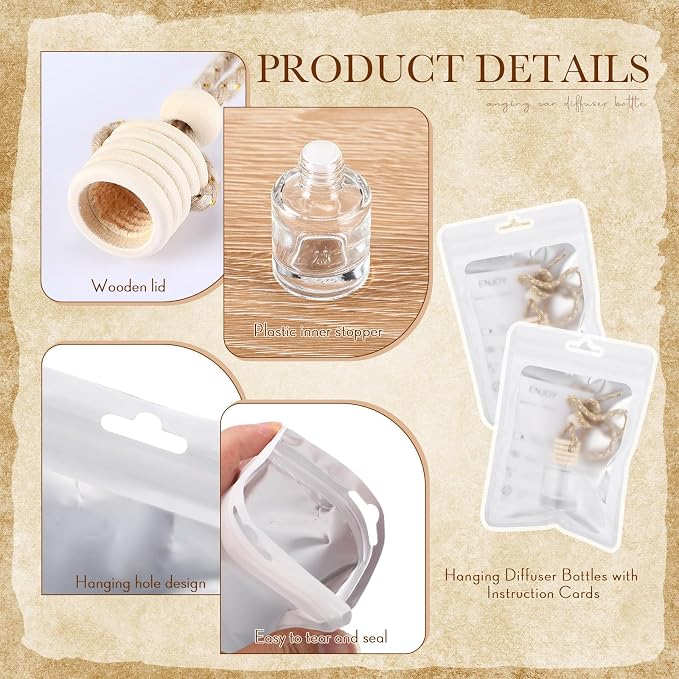 150 Sets Hanging Car Air Freshener Diffuser Bottles with Instruction Card and 4 x 6'' Resealable Holographic Bag for Empty