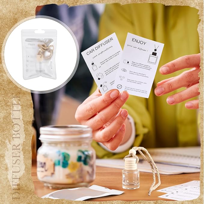 150 Sets Hanging Car Air Freshener Diffuser Bottles with Instruction Card and 4 x 6'' Resealable Holographic Bag for Empty