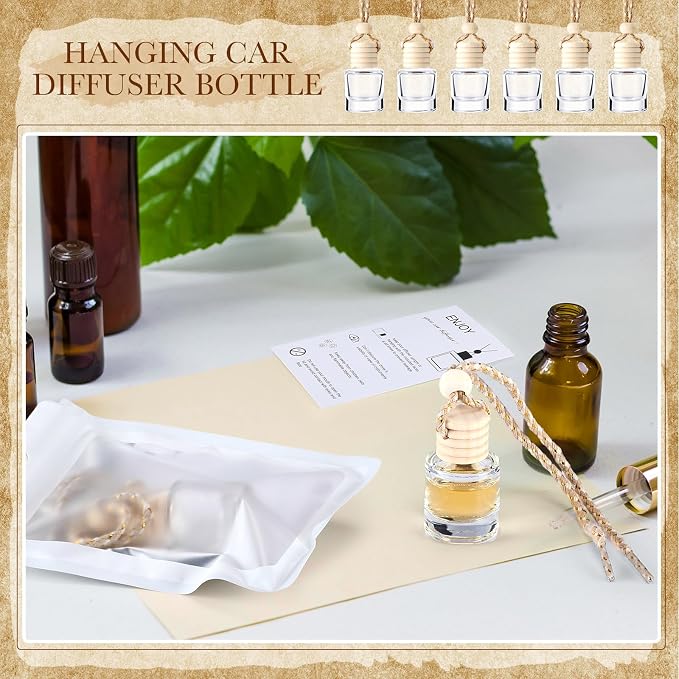 150 Sets Hanging Car Air Freshener Diffuser Bottles with Instruction Card and 4 x 6'' Resealable Holographic Bag for Empty
