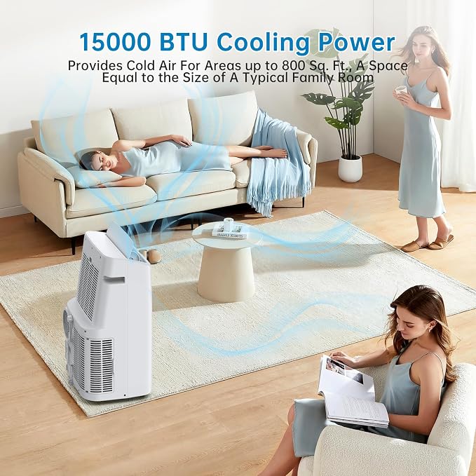 15000 BTU Quiet Portable air conditioners, 3-in-1 Efficient Cooler Dehumidifier Fan, Freestanding, Remote, 24H Timer