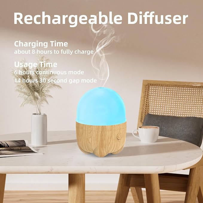 150ML Rechargeable Battery Essential Oil Diffuser, Portable Cordless Aromatherapy Diffuser with 7 LED Color Changing Lights