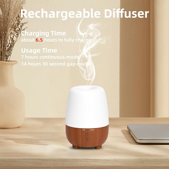 150ML Rechargeable Battery Operated Essential Oil Diffuser, Portable Cordless Aromatherapy Diffuser,7-Hour Runtime with 7 LED