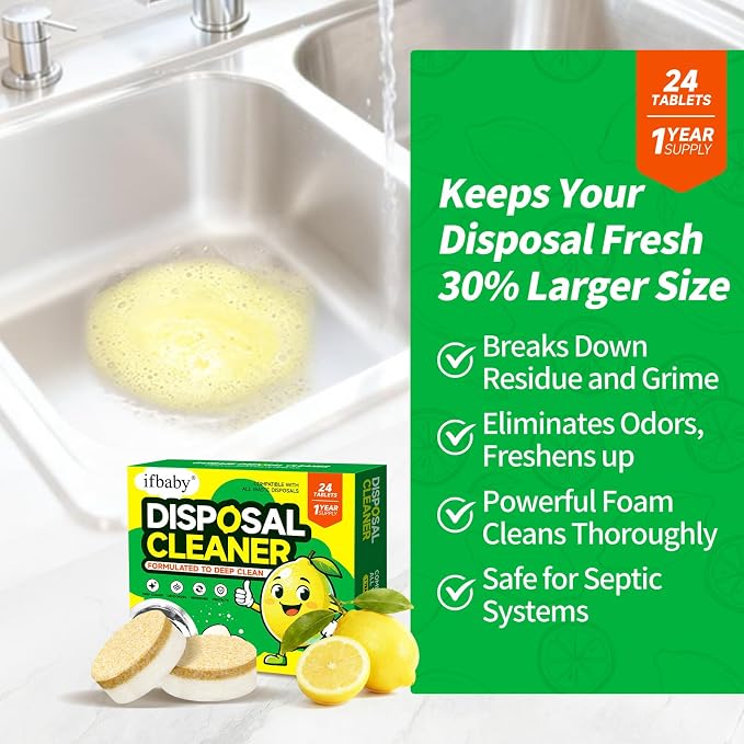 15g Extra Large Garbage Disposal Cleaner & Deodorizer Tablets - 24-Pack Foaming Tablets, Long-Lasting Lemon Scent - Deep