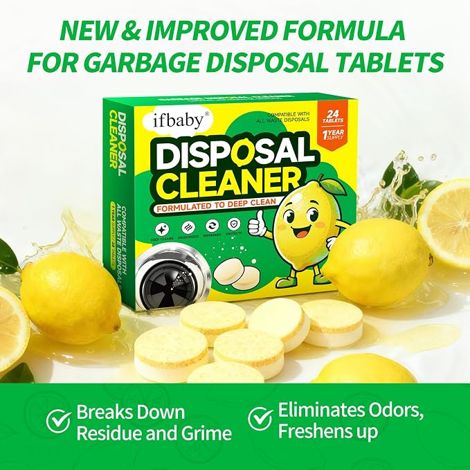 15g Extra Large Garbage Disposal Cleaner & Deodorizer Tablets - 24-Pack Foaming Tablets, Long-Lasting Lemon Scent - Deep