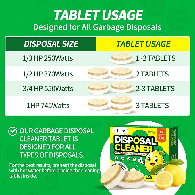 15g Extra Large Garbage Disposal Cleaner & Deodorizer Tablets - 24-Pack Foaming Tablets, Long-Lasting Lemon Scent - Deep