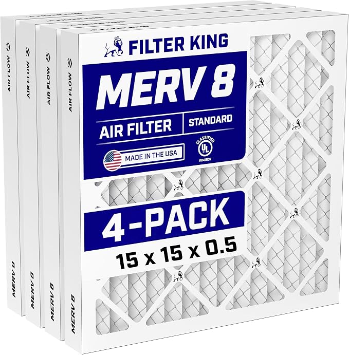 15x15x0.5 Air Filter (MERV 8) (4-Pack) Dust & Allergy Control AC Furnace Filters, MADE IN USA, HVAC, Pleated, Electrostatic