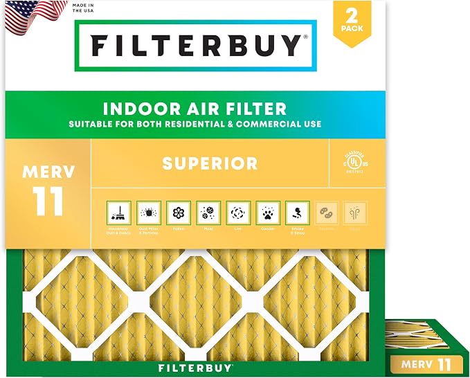 15x15x1 Air Filter MERV 11 Superior Pet & Allergy Defense (2-Pack), Electrostatic Pleated HVAC AC Furnace Filters