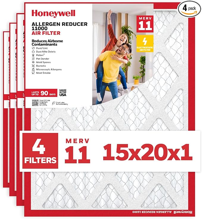 15x20x1 MERV 11 Allergen Reducer 11000 Electrostatic Pleated HVAC AC Furnace Air Filter (4-Pack) | Replacement Filter for