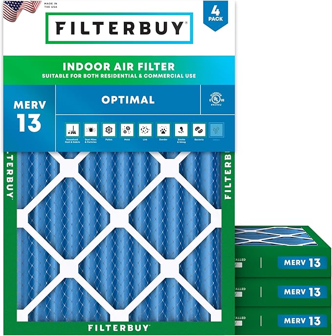 15x20x2 Air Filter MERV 13 Optimal Smoke & Allergy Defense (4-Pack), Electrostatic Pleated HVAC AC Furnace